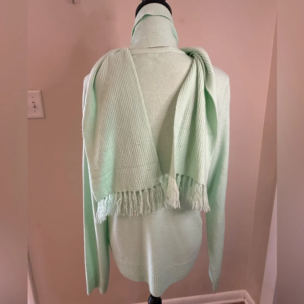 Rebecca Malone mint green pearl bead sweater & detachable fringe scarf SZ LG - Picture 6 of 13